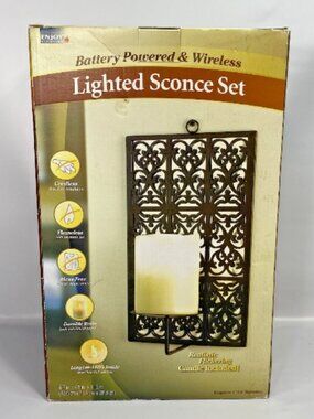 Set of Metal Wall Sconces + LED Candle - Black Scroll Design with Mirror